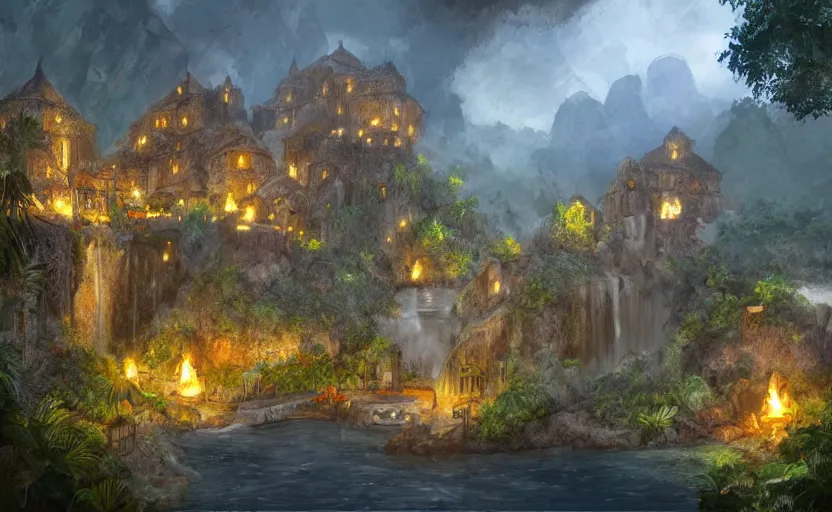 Image similar to medieval village built in a tropical cave, lit by torches, plants, waterfall, houses, towers, concept art, dawn