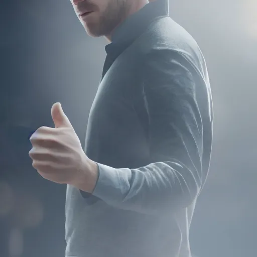 Image similar to man holding thumbs up, dslr, 8 k, octane beautifully detailed render, cold lighting, cinematic lighting, detailed photo, masterpiece, volumetric lighting, ultra realistic, highly detailed, high quality, lossless, photorealistic