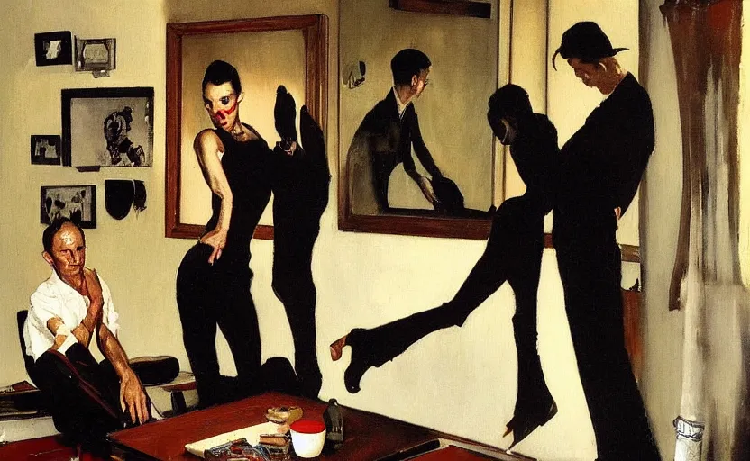 Image similar to a thin man cowers in a corner whilst his wife stands on a coffee table in a dark living room, painted by phil hale and rick berry and norman rockwell and dean cornwell and tom lowell, highly detailed