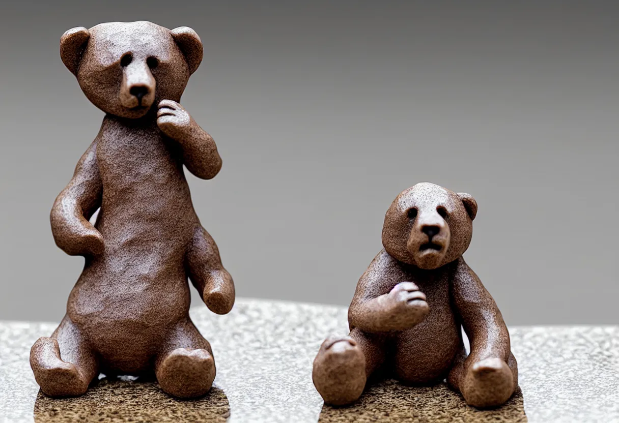 Prompt: clay bear figurine on marble table, highly detailed photo, hyper realism, low depth of field