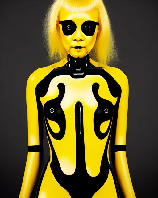 Image similar to symmetrical portrait of a woman wearing a translucent silicone beauty mask and yellow hair, wearing a black bodysuit by alexander mcqueen, black background, soft diffused light, biotechnology, humanoide robot, bjork aesthetic, translucent, by rineke dijkstra, intricate details, highly detailed, masterpiece,