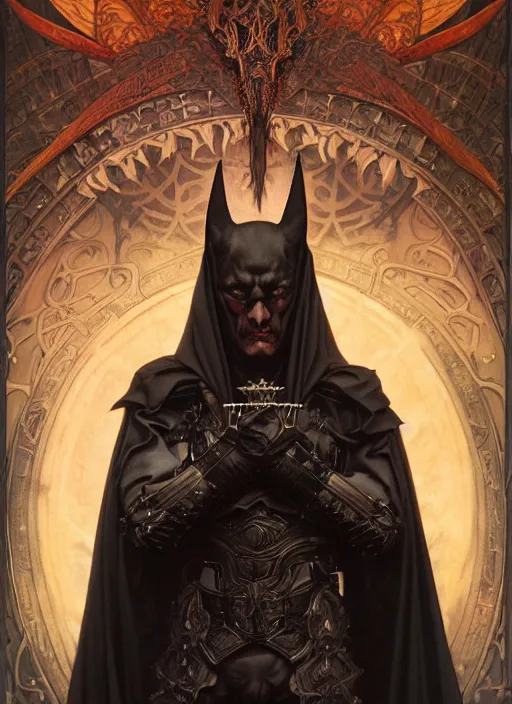 Image similar to majestic satanic bat wing black armored evil man movie poster, art style by edmund leighton, tom bagshaw, alphonse mucha, exquisite digital art, haunting, masterpiece, organic painting, photorealistic, ornate and hyper detailed