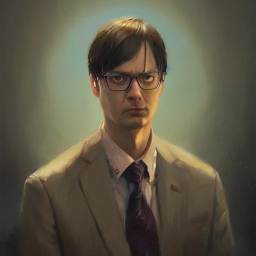 Image similar to hyper realistic, portrait of dwight shrute : : 2, ethnicity : japanese, painted by greg rutkowski, wlop, loish,