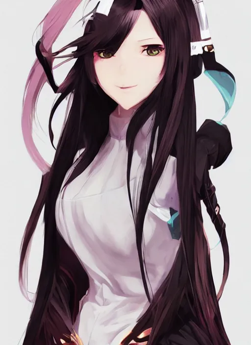 Prompt: woman in streetwear, long hair, poster, portrait, anime key visual, by wlop, anime, fate go, pretty face, manga,