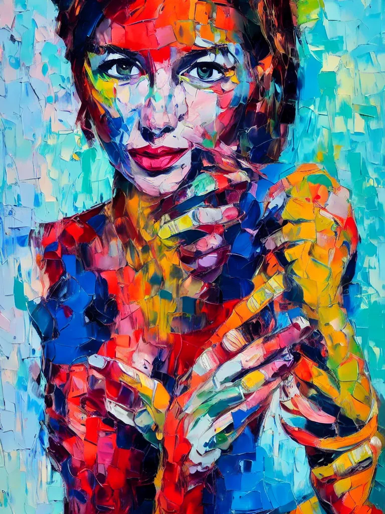 Image similar to highly detailed palette knife oil painting of a woman in the style of Francoise Nielly