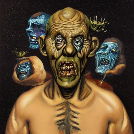 Prompt: Oil painting with black background by Christian Rex Van Minnen Robert Williams Todd Schorr of a portrait of an extremely bizarre disturbing mutated man with acne intense chiaroscuro lighting perfect composition