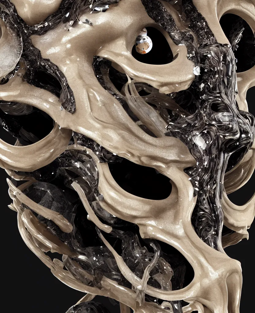 Image similar to goddess princess face close-up portrait ram skull. sculpture made of black stone with elements made of polished gold. jellyfish phoenix head, nautilus, orchid, skull, betta fish, bioluminiscent creatures, intricate artwork by Tooth Wu and wlop and beeple. octane render, trending on artstation, greg rutkowski very coherent symmetrical artwork. cinematic, hyper realism, high detail, octane render, 8k