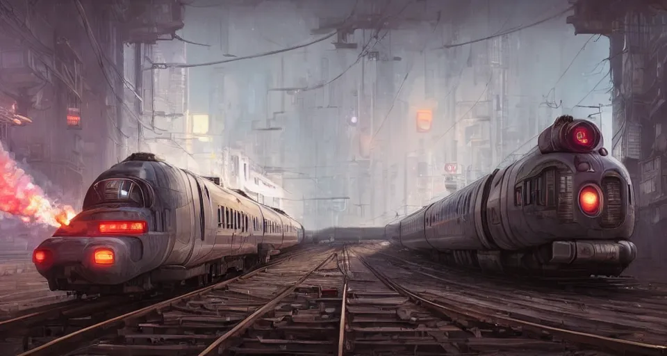 Image similar to a highly detailed epic cinematic concept art CG render digital painting artwork scene: retrofuturistic 1920s cyberpunk steampunk bullet train emitting smoke. By Greg Rutkowski, Ilya Kuvshinov, WLOP, Stanley Artgerm Lau, Ruan Jia and Fenghua Zhong, trending on ArtStation, made in Maya, Blender and Photoshop, octane render, excellent composition, cinematic dystopian brutalist atmosphere, dynamic dramatic cinematic lighting, aesthetic, very inspirational, arthouse