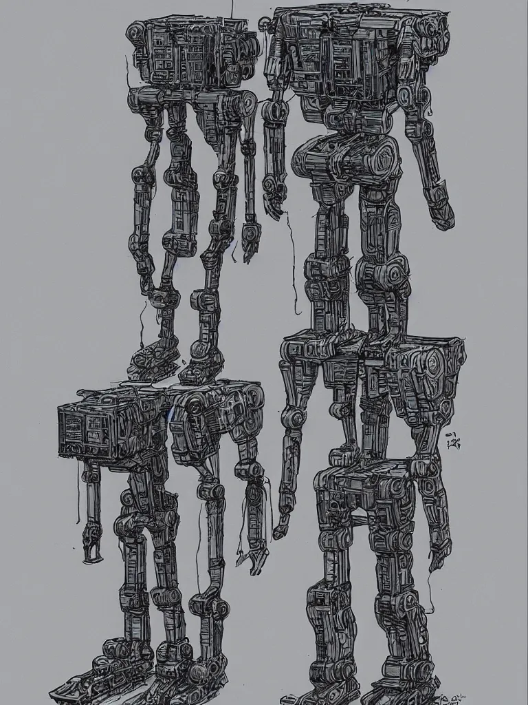 Prompt: bipedal mech inspired by a coffee maker, by jean giraud