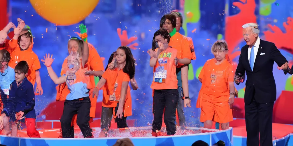 Prompt: joe biden getting slimed at the kids choice awards. high quality 8 k resolution