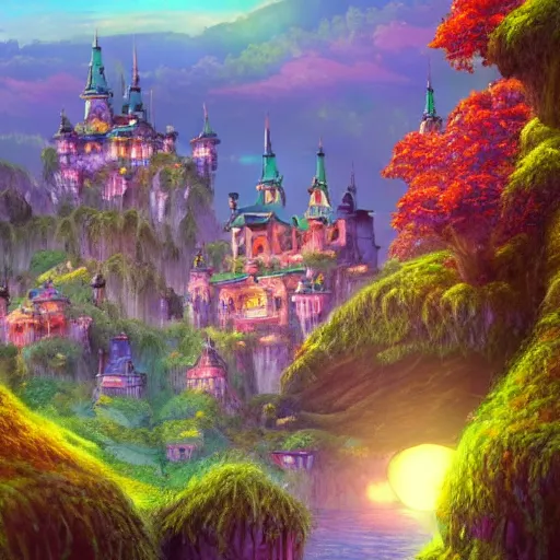 Prompt: A magical fantasy royal castle town that sits on a magnificent floating island in the middle of a vibrant floral valley with forests and lakes, sunset scenery, trending on artstation, award winning digital art