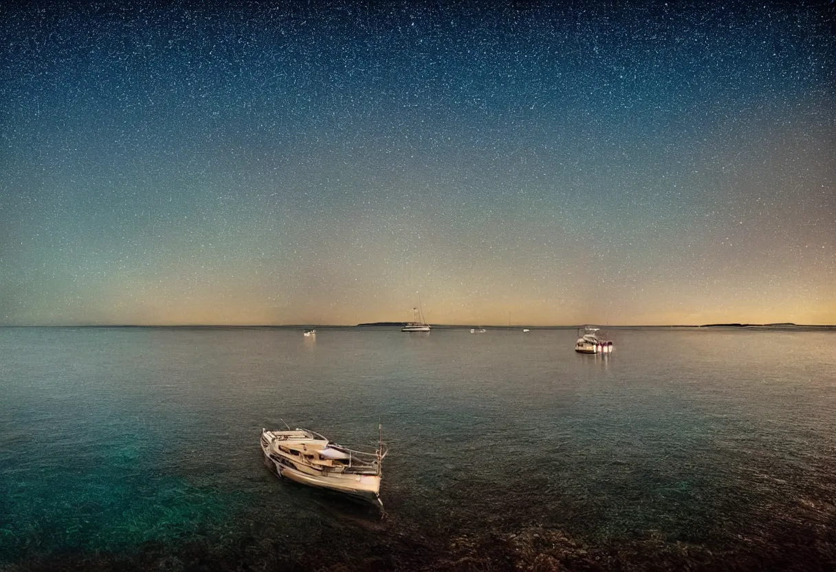 Image similar to peaceful sea at night full of stars milky way visible clear waters lonely yatch at distance blue tones sharp focus hdr