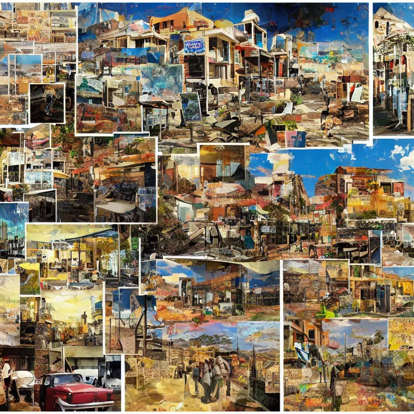 Image similar to collage of a small town in the outback, concept art, aesthetically pleasing natural colors, art by mimmo rotella, collage