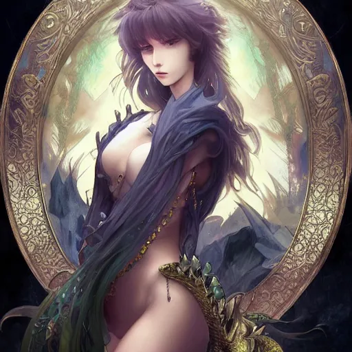 Image similar to An anime young woman dragon hybrid, scales and jewelry of gold and silver, intricate, digital painting, highly detailed, concept art, Artstation, Cgsociety, Artgerm, Alphonse Mucha, Wlop