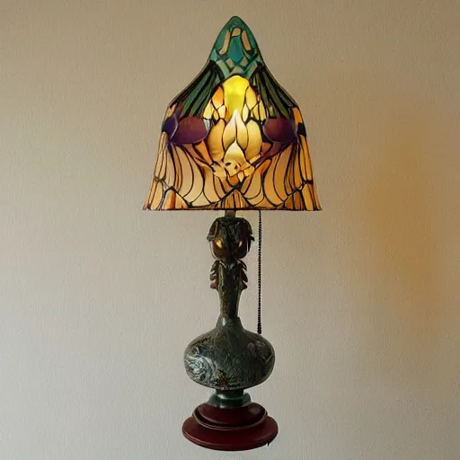Prompt: lamp in the shape of a duck with a beautiful art nouveau lampshade