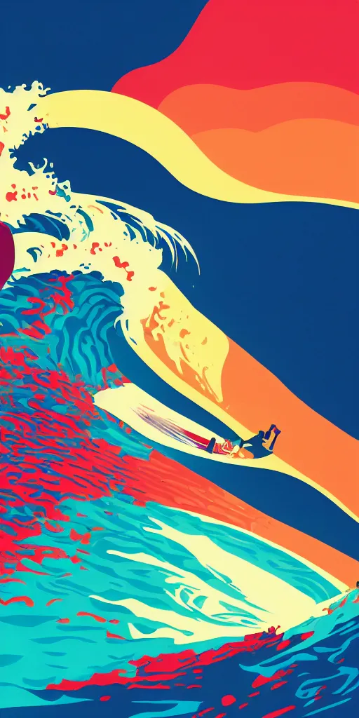 Prompt: cursed multicolored surfer in big wave, tom whalen, james gilleard, liam brazier, tristan eaton