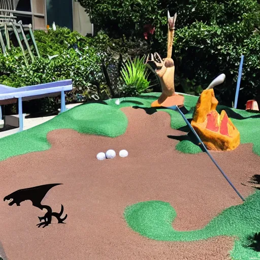 Prompt: dinosaur mini golf, mini put, golf, dinosaurs