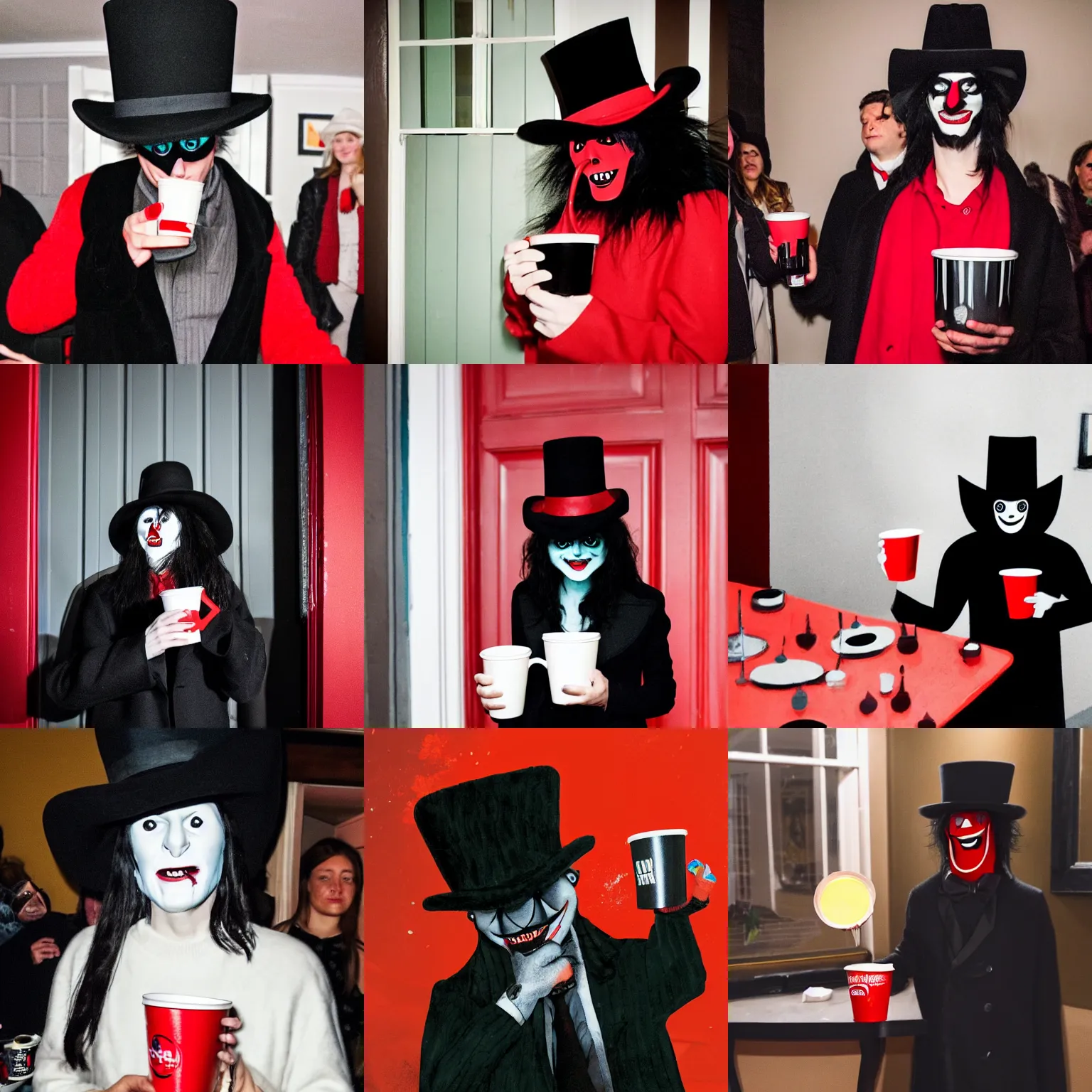 Prompt: the babadook in black hat and coat at a houseparty, awkwardly holding red solo cup, flash photography