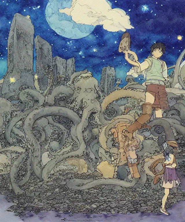 Image similar to a hyperrealist studio ghibli watercolor fantasy concept art. in the foreground is a giant grey octopus lifting and putting stones in to place on top of stonehenge with a starry sky. by rebecca guay, michael kaluta, charles vess