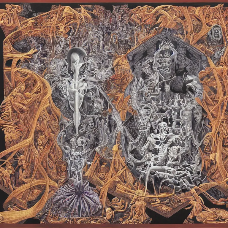 Image similar to meditation on death by Alex Grey and M. C. Escher collaboration