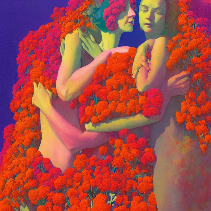 Image similar to portrait of women made of colorful fractal flowers hugging Edward Hopper and James Gilleard, Zdzislaw Beksinski, highly detailed