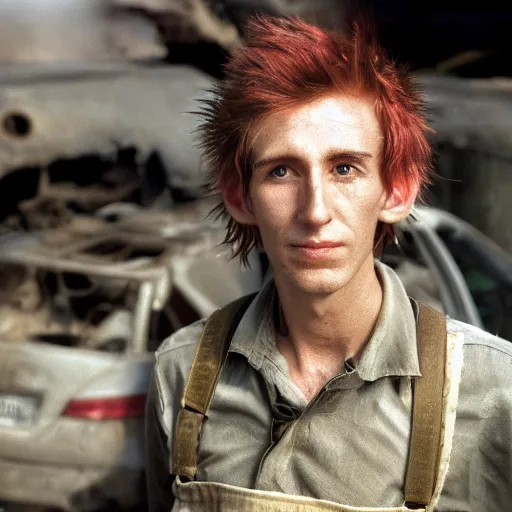 Image similar to close up headshot of a skinny high-fantasy elf with a long face narrow chin and spiky blonde hair wearing dark brown overalls and holding a bomb next to a destroyed car, high resolution film still, HDR color