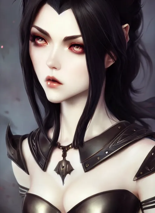 Image similar to full plate armor!!! beautiful and elegant dark hair female vampire!! gorgeous ayes!! character concept art, sharp focus, octane render! unreal engine 5! highly rendered!! trending on artstation!! detailed linework!! illustration by artgerm, wlop, and chie yoshii