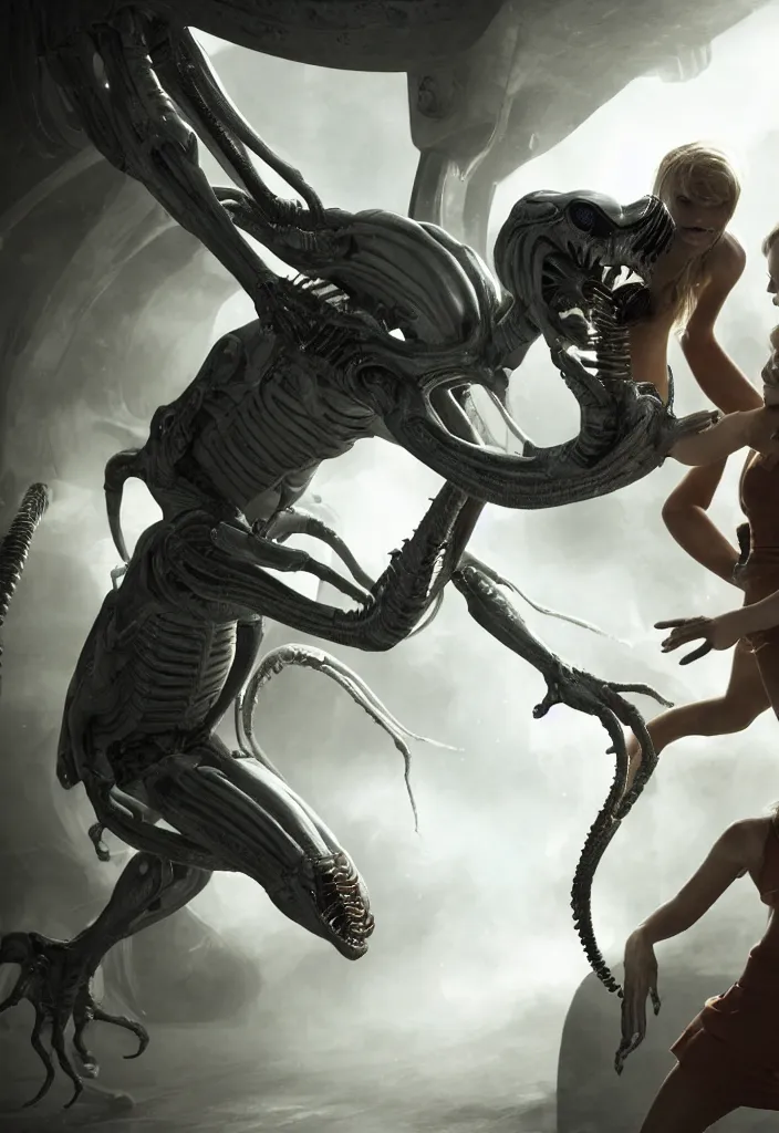 Prompt: a young girl fighting a white xenomorph in the thigh corridors of the covenant vessel, extremely realistic and highly detailed 8 k, sharp focus, mysterious atmospheric lighting, octane render, dramatic volumetric lighting, golden ratio, extremely realistic faces