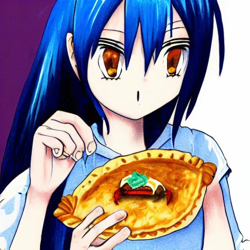 Prompt: anime girl with blue hair eating an empanada, anime style drawing