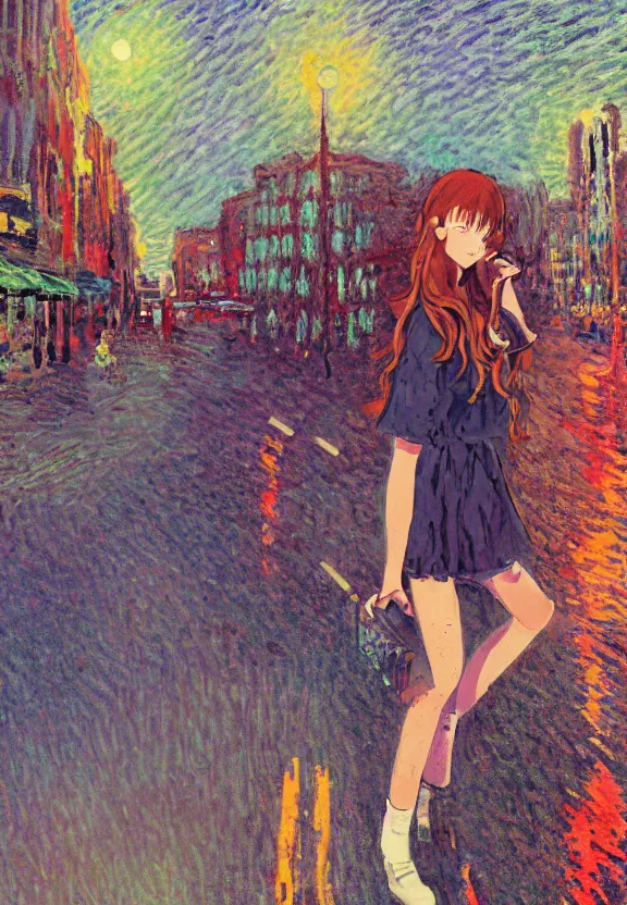 Prompt: wide angle portrait of a teenage girl, a thrifty outfit, very anime in impressionist style, city street view background, starlit night sky, trending artwork, illustrated in anime painter studio, by claude monet