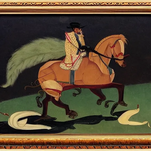 Image similar to a man riding a cat, gauche detailed painting, stylized