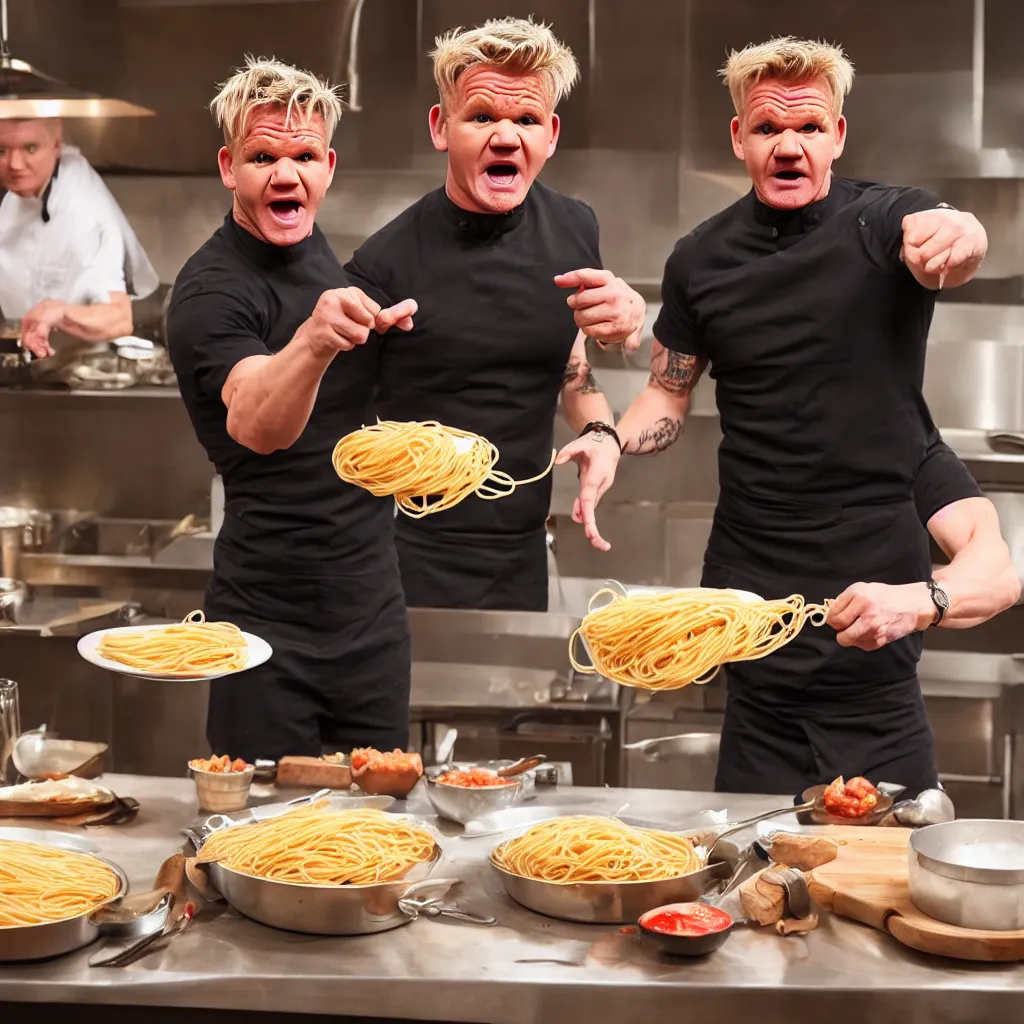 Prompt: gordon ramsay throwing spaghetti and yelling at eminem, cooking show, very detailed, realistic, 4 k, professional photography