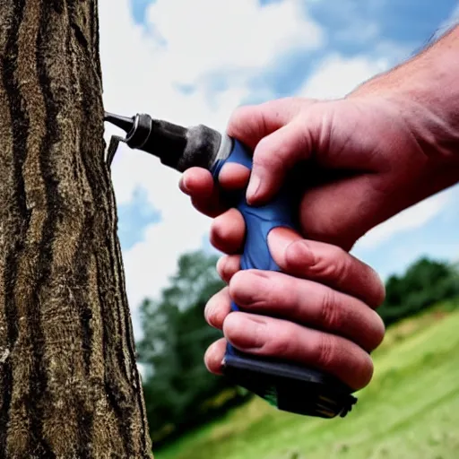 Prompt: man with huge countersink drill bits as hands angrily drilling into trees, photography