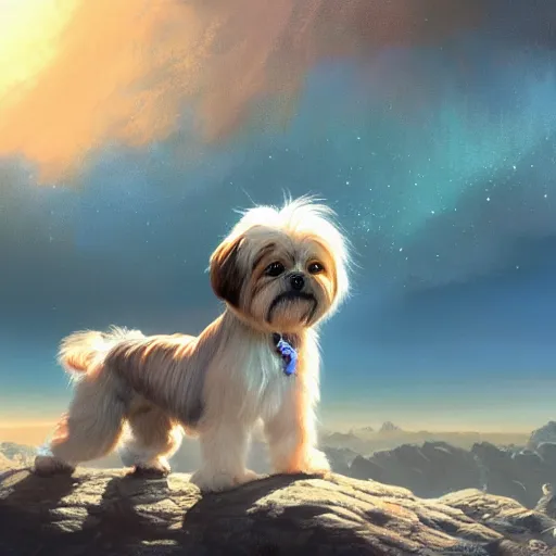 Image similar to Shih Tzu on an alien planet, digital painting, artstation, concept art, donato giancola, Joseph Christian Leyendecker, WLOP, Boris Vallejo, Breathtaking, 8k resolution, extremely detailed, beautiful, establishing shot, artistic, hyperrealistic, beautiful face, octane render, cinematic lighting, dramatic lighting, masterpiece