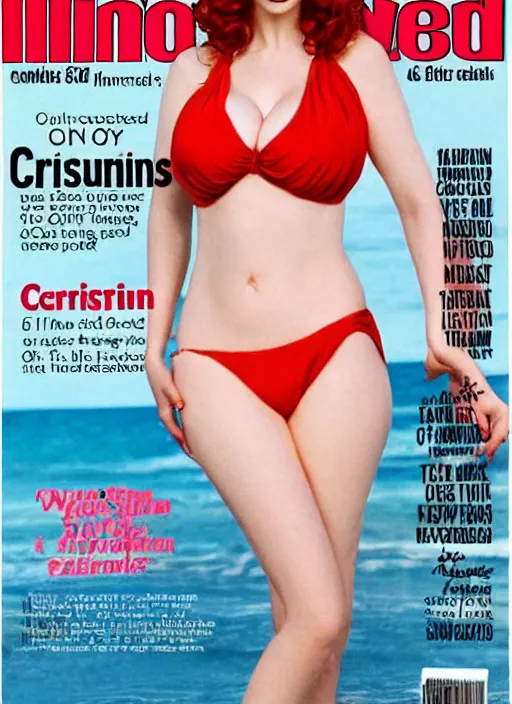 Prompt: Christina Hendricks on the cover of swimsuit illustrated 1980