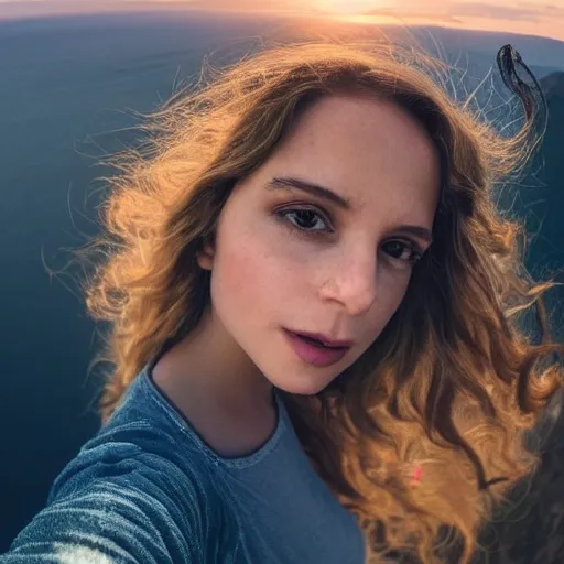 Image similar to Selfie of a beautiful woman with gorgeous flowy hair, standing over a cliff, beautiful volumetric lighting, subsurface scattering, (((((vivid))))) atmosphere, radiant sunshine, trending on artstation, 4k, 8k, artstation portrait imagery, fisheye!!!!! lens, instagram!!!!! selfie!!!!!