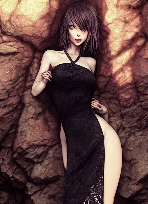 Prompt: beautiful woman in a black lace dress in a cave, detailed dress and face, digital art, anime style, by artgerm, by wlop, by conrad roset, photorealism, octane render, beautiful lighting