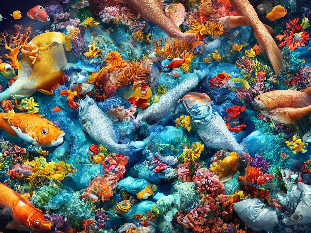 Image similar to a sculpture of fish ocean intertwined, a lovely cornucopia of flowers and human body parts, body parts, highly detailed, octane render, cinematic, shock, sharp focus, cycle