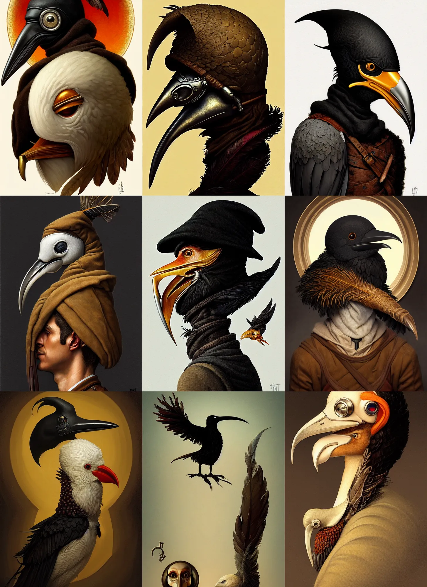 Prompt: rpg! profile!! portrait of humanoid bird on white background, beak, feathers, plague doctor, intricate, highly detailed, digital painting, artstation, concept art, smooth, sharp focus, illustration, art by norman rockwell emiliano ponzi andrey remnev yoann lossel aaron jasinski, 8 k
