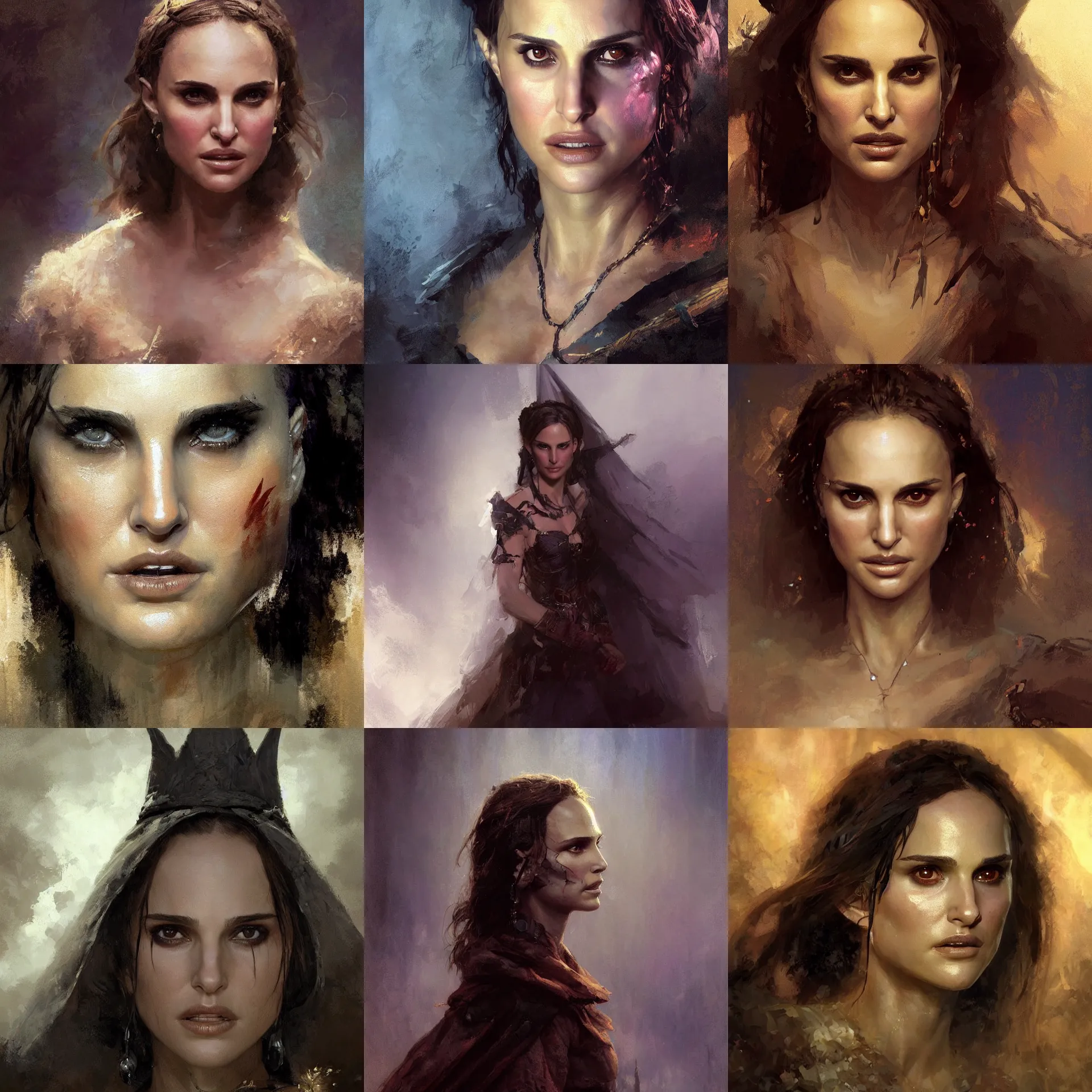 Prompt: front view digital art portrait dnd painting of natalie portman in witch costume painted by craig mullins and gaston bussiere and greg rutkowski, dramatic lighting, ambient lighting, close up