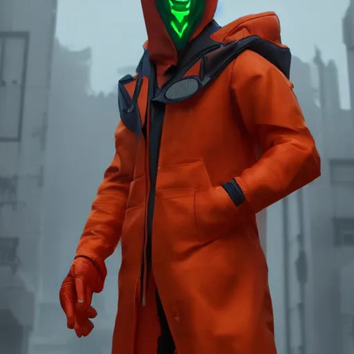 Image similar to villain wearing a red oni mask, orange jacket, dark background, unreal engine 5, ultra realistic, detailed, fog, volumetric lighting, by greg rutkowski,