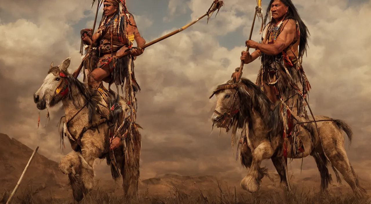 Prompt: a native american chief holding a spear while sitting on a war horse, in the style of greg overton, hyperdetailed, hyperrealism, octane render, golden ratio, 4 k,
