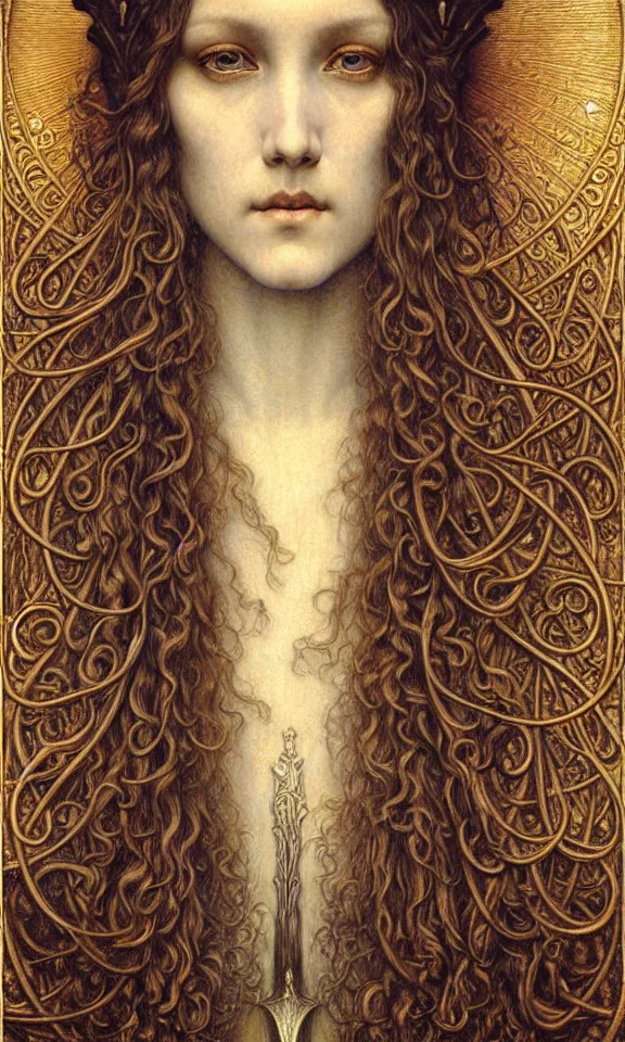 Image similar to detailed realistic beautiful young medieval queen face portrait by jean delville, gustave dore and marco mazzoni, art nouveau, symbolist, visionary, gothic, pre - raphaelite. horizontal symmetry