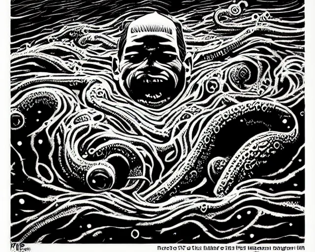 Prompt: h. p. lovecraft swimming in the ocean depths, cosmic horror painting, elegant intricate digital painting artstation concept art by basil wolverton by robert crumb by william eggleston detailed