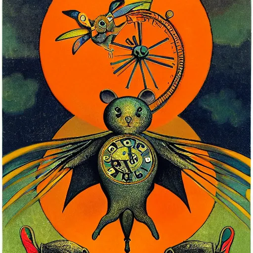 Image similar to a mouse with clockwork wings flying through thick orange clouds, Louis William Wain, sci-fi illustration