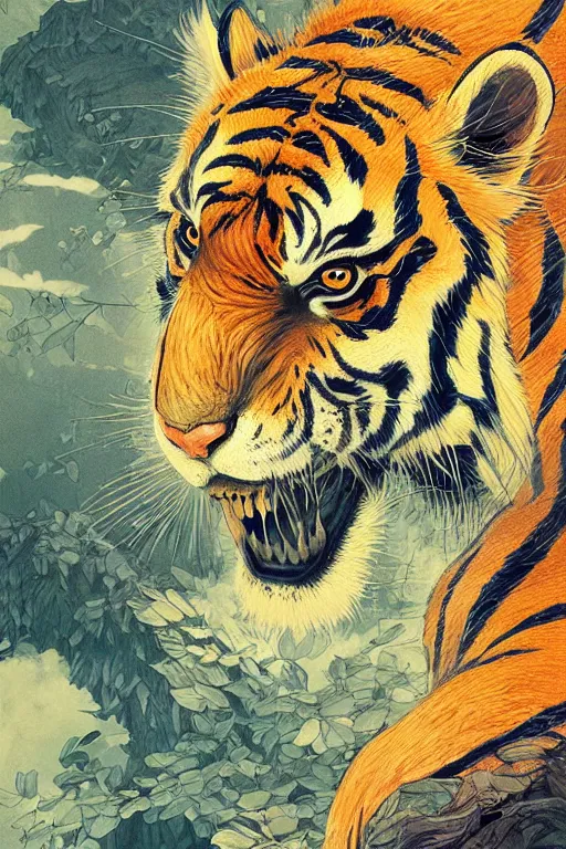 Image similar to a beautiful hyperdetailed illustration of absolutely beautiful tiger head design, from china, solid background, perfectly shaded, atmospheric lighting, style of studio ghibli, makoto shinkai, raphael lacoste, louis comfort tiffany, artgerm, james jean, victo ngai, ross tran, chinese style