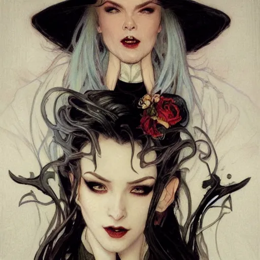 Image similar to portrait of a menacing beautiful vampire, top half of body, by Stanley Artgerm Lau , greg rutkowski, thomas kindkade, alphonse mucha, loish, norman rockwell, J. C. Leyendecker. bright white hair, pale skin, angry complexion, beautiful detailed eyes, black rose frame. D&D, fantasy. Trending on artstation rule of thirds extremely detailed old illustration hd 4k