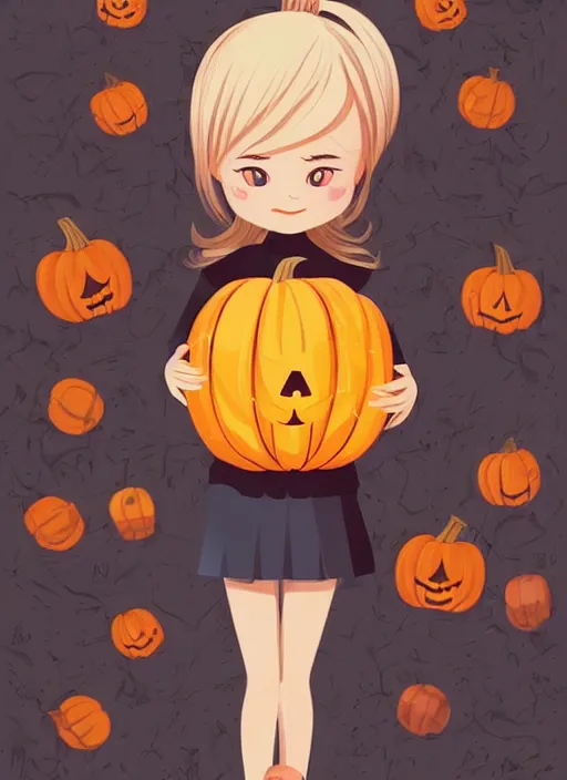 Image similar to little girl with long blonde hair holding a pumpkin. background is skulls. clean cel shaded vector art. shutterstock. behance hd by lois van baarle, artgerm, helen huang, by makoto shinkai and ilya kuvshinov, rossdraws, illustration, art by ilya kuvshinov