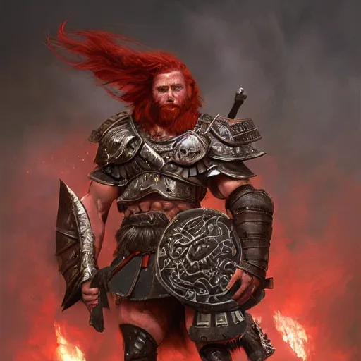 Image similar to bulky muscular scottish warriors with red hair, tribal blood red war paintings, waist plate armor, 4 k oil on linen by wlop, artgerm, andrei riabovitchev, nuri iyem, james gurney, james jean, greg rutkowski, highly detailed, soft lighting 8 k resolution