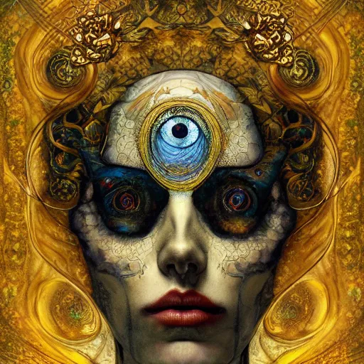 Image similar to Memento Mori by Karol Bak, Jean Deville, Gustav Klimt, and Vincent Van Gogh, beautiful visionary mystical portrait, calavera, otherworldly, fractal structures, ornate gilded medieval icon, third eye, spirals, jeweled calavera